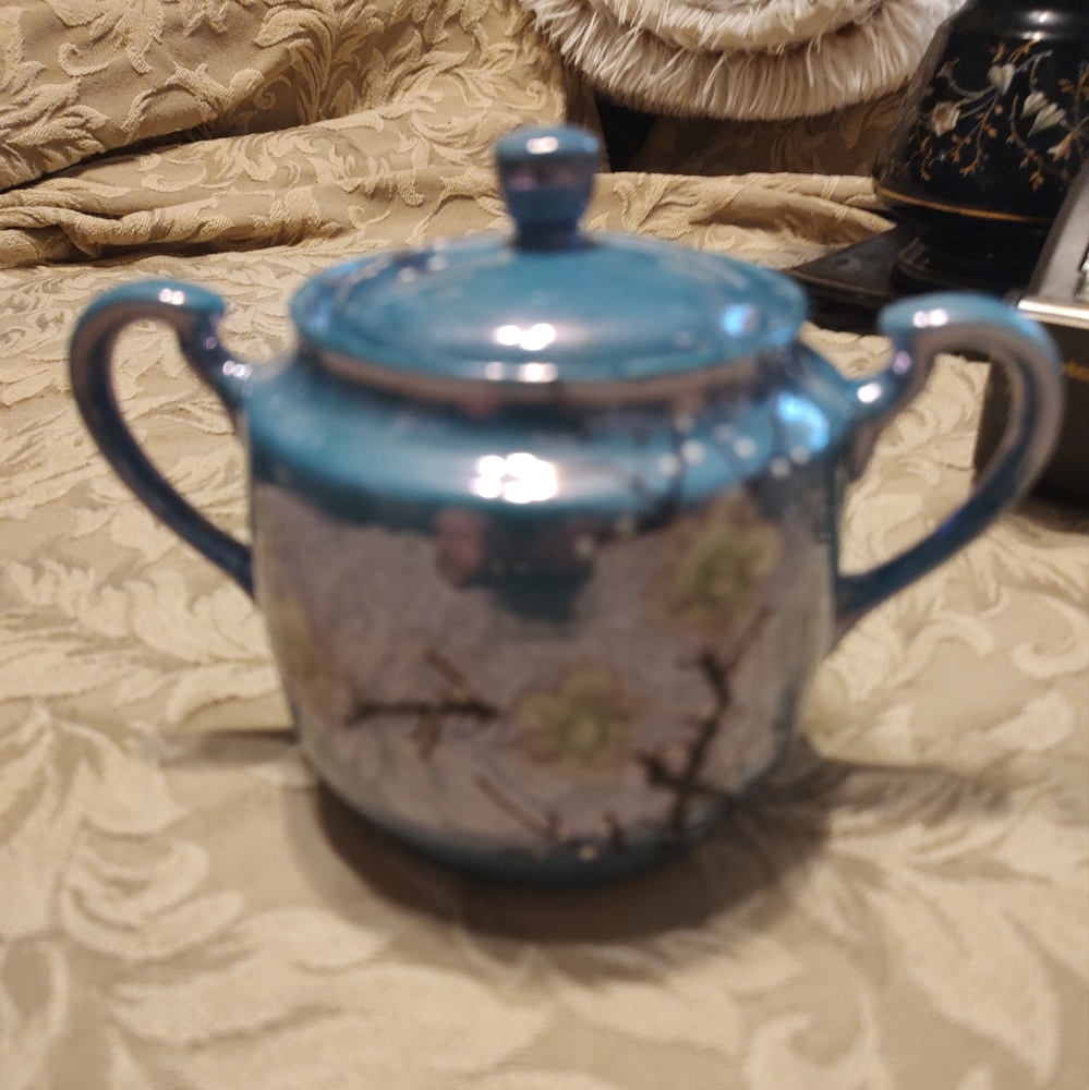 🔹⛩️🔹Gorgeous Antique 1940's Blue Lusterware Cherry Blossom Nippon Sugar Bowl - Picture 2 of 11